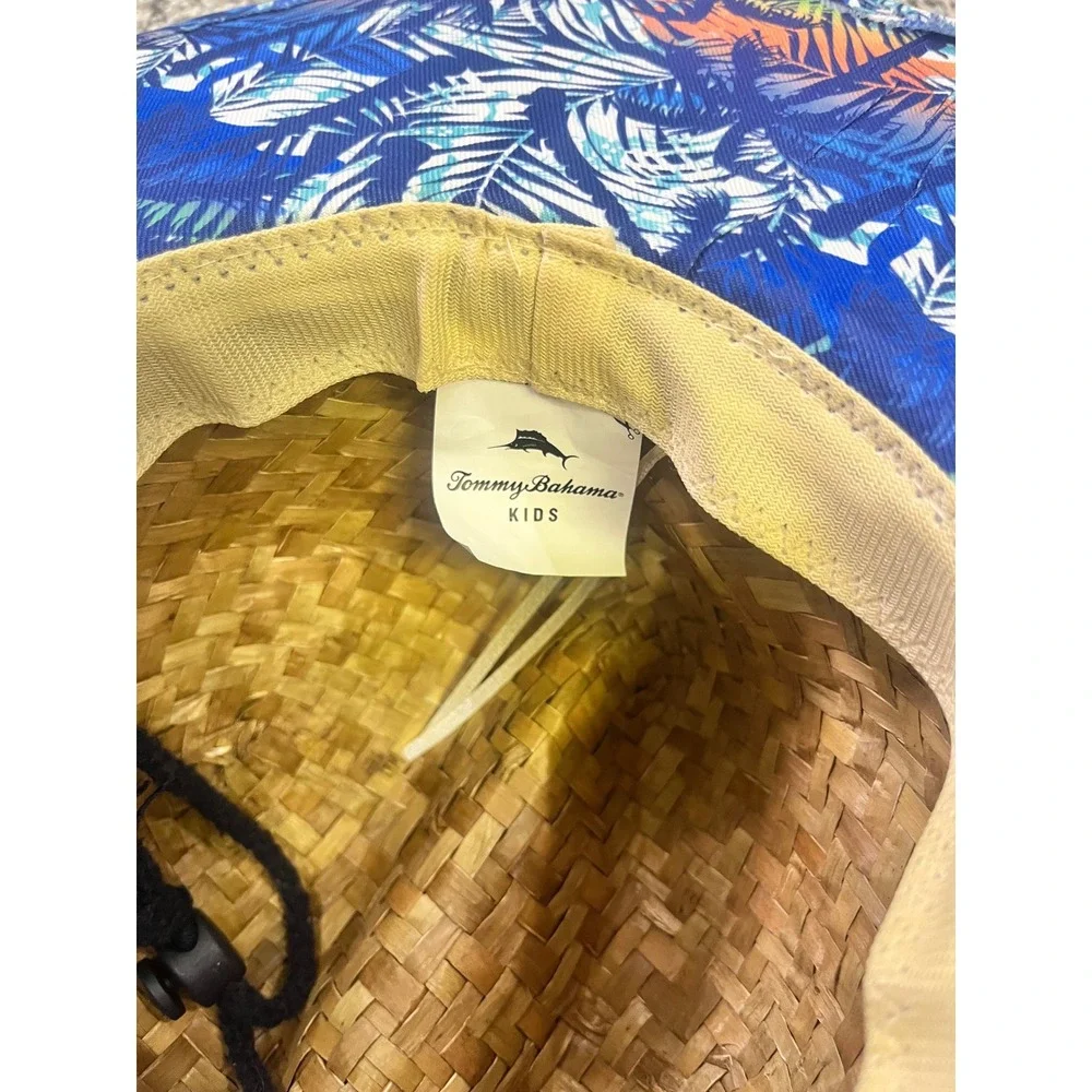 Tommy Bahama Kids Boys Straw Sun Hat Blue Tropical Palm Leaf 4-7 Years Wide Brim